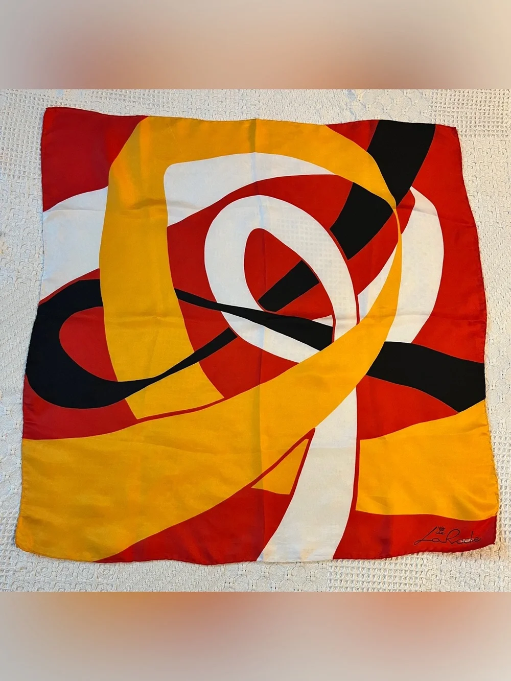 Vintage De La Roche Silk Scarf with Hand-Rolled Hem